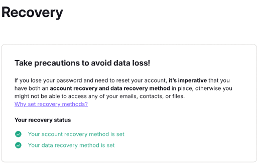 screen grab of account recovery on Proton Mail