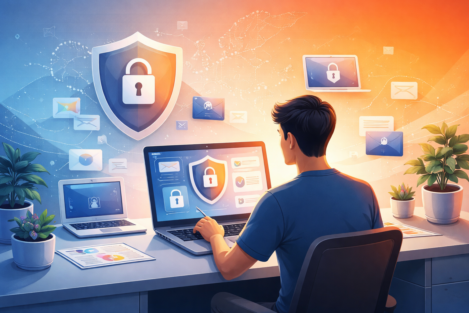 Person reviewing digital privacy settings on multiple devices, surrounded by security icons, representing personal data control and digital trust in 2026.