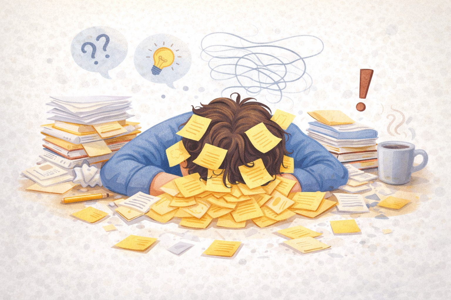 Cartoon illustration of a person overwhelmed by sticky notes and scattered thoughts