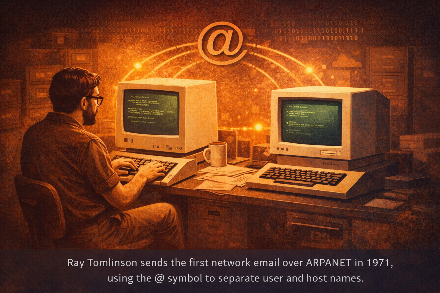 Illustration showing an early network email being sent between ARPANET computers in the 1970s