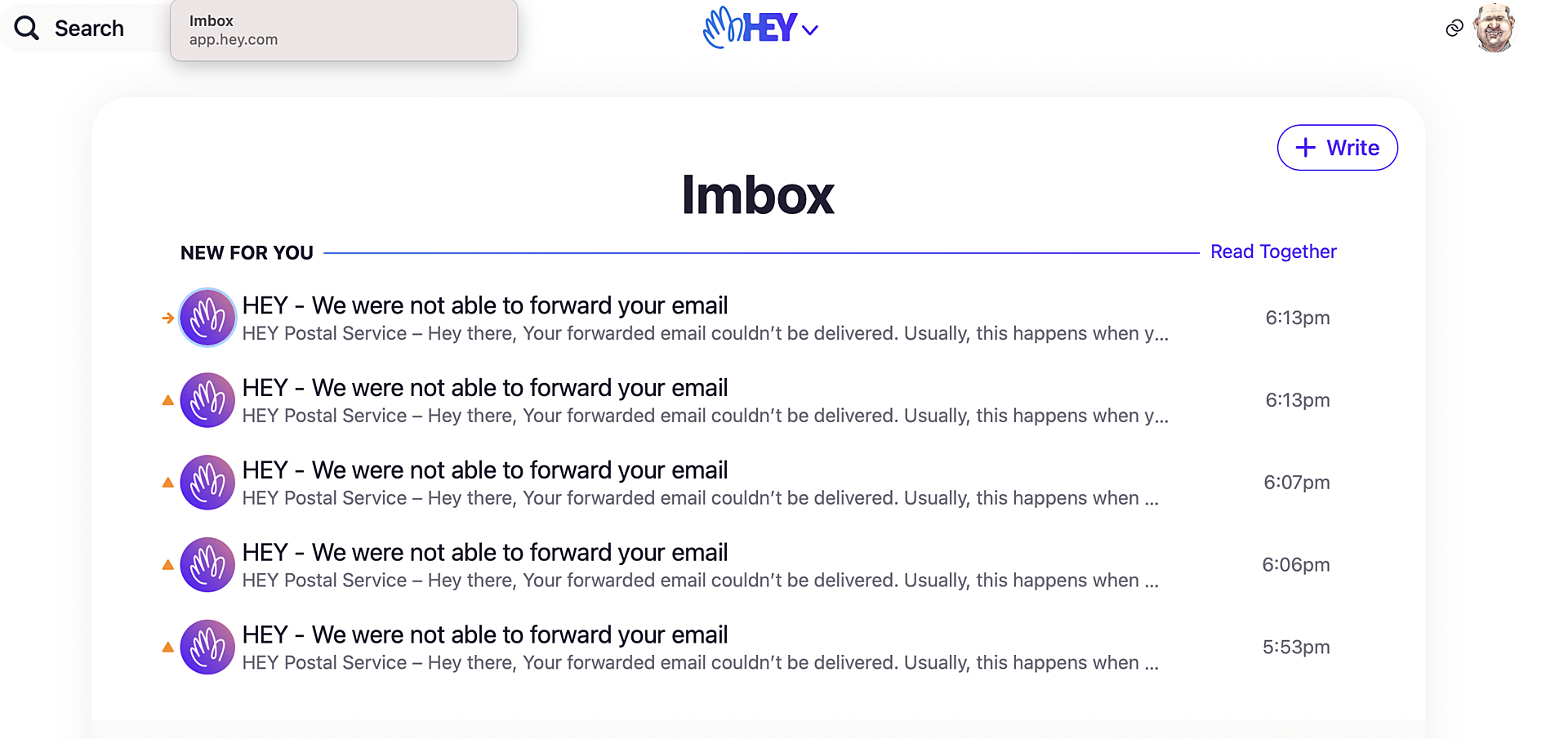 HEY inbox showing repeated messages saying forwarded emails could not be delivered
