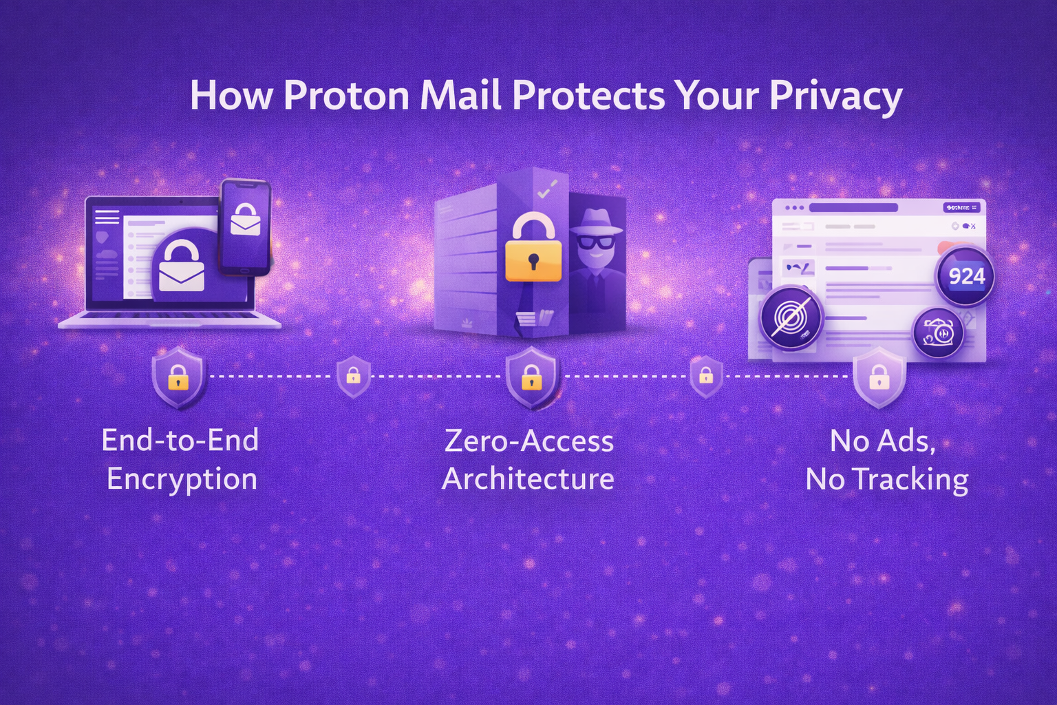 Illustration showing how Proton Mail protects privacy through end-to-end encryption, zero-access architecture, and no ads or tracking