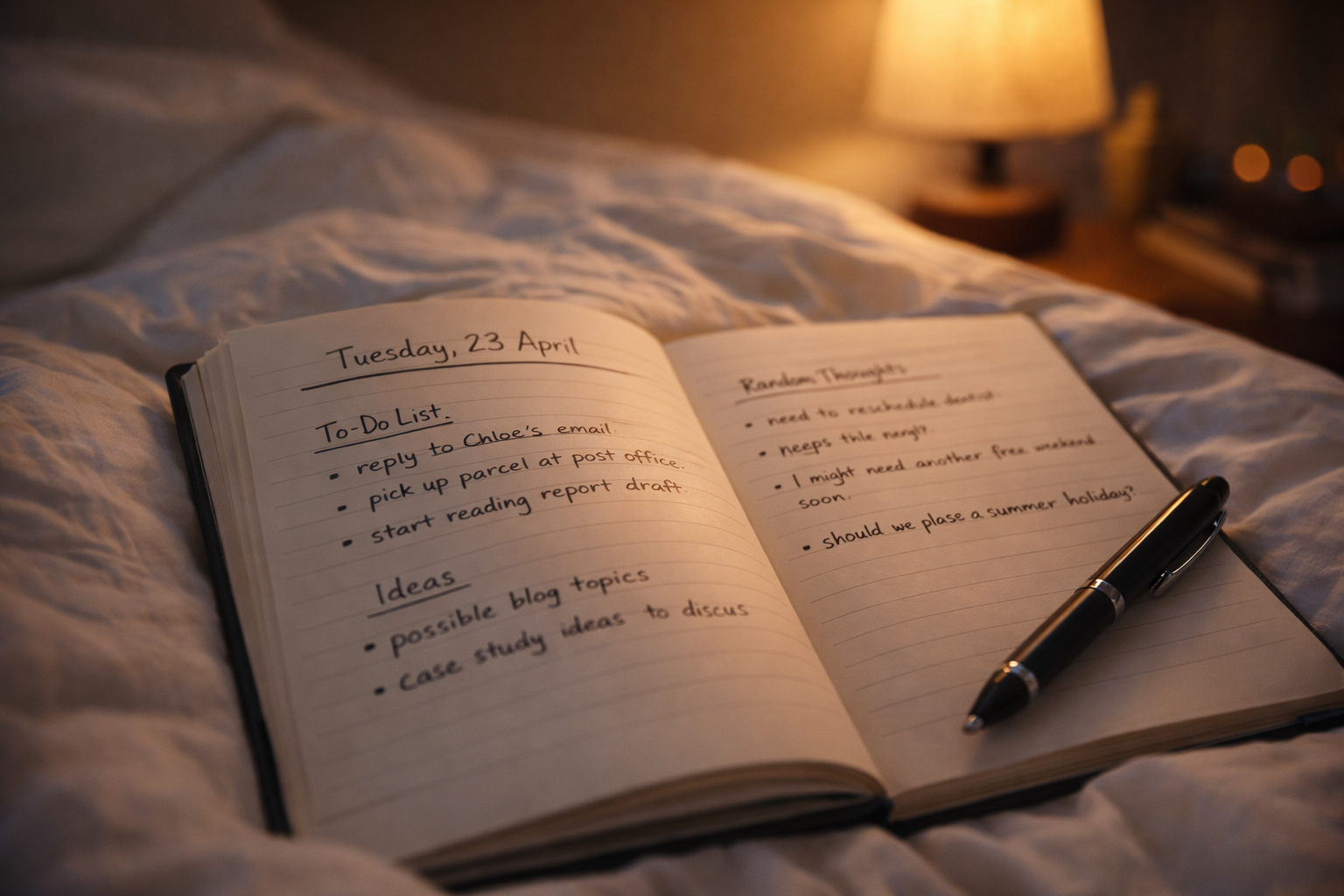 Open notebook with handwritten notes during a nightly brain dump routine before bed.