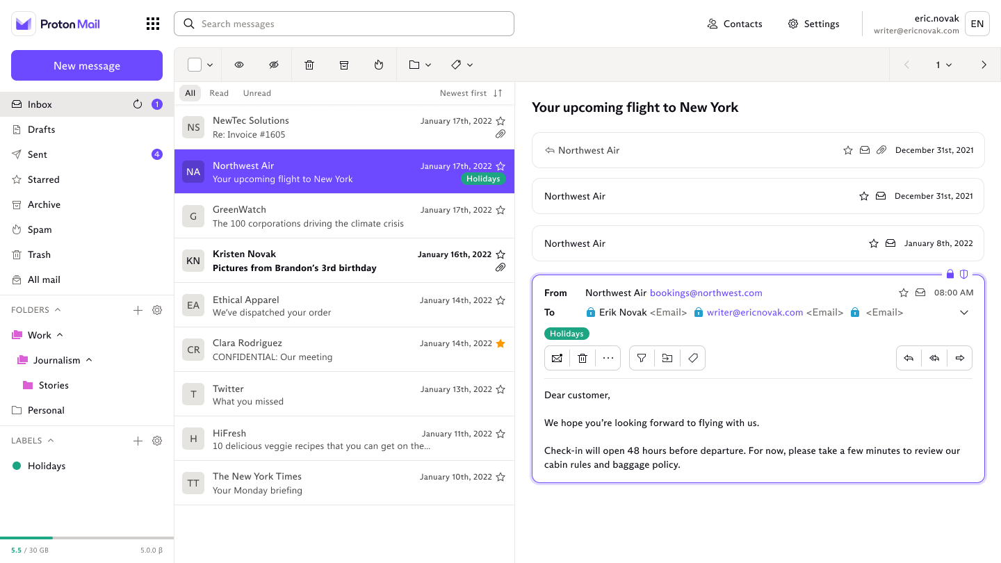 Proton Mail inbox dashboard showing multiple messages during the holiday period