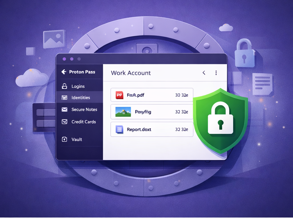 Illustration of a Proton Pass vault item displaying attached files such as documents and images