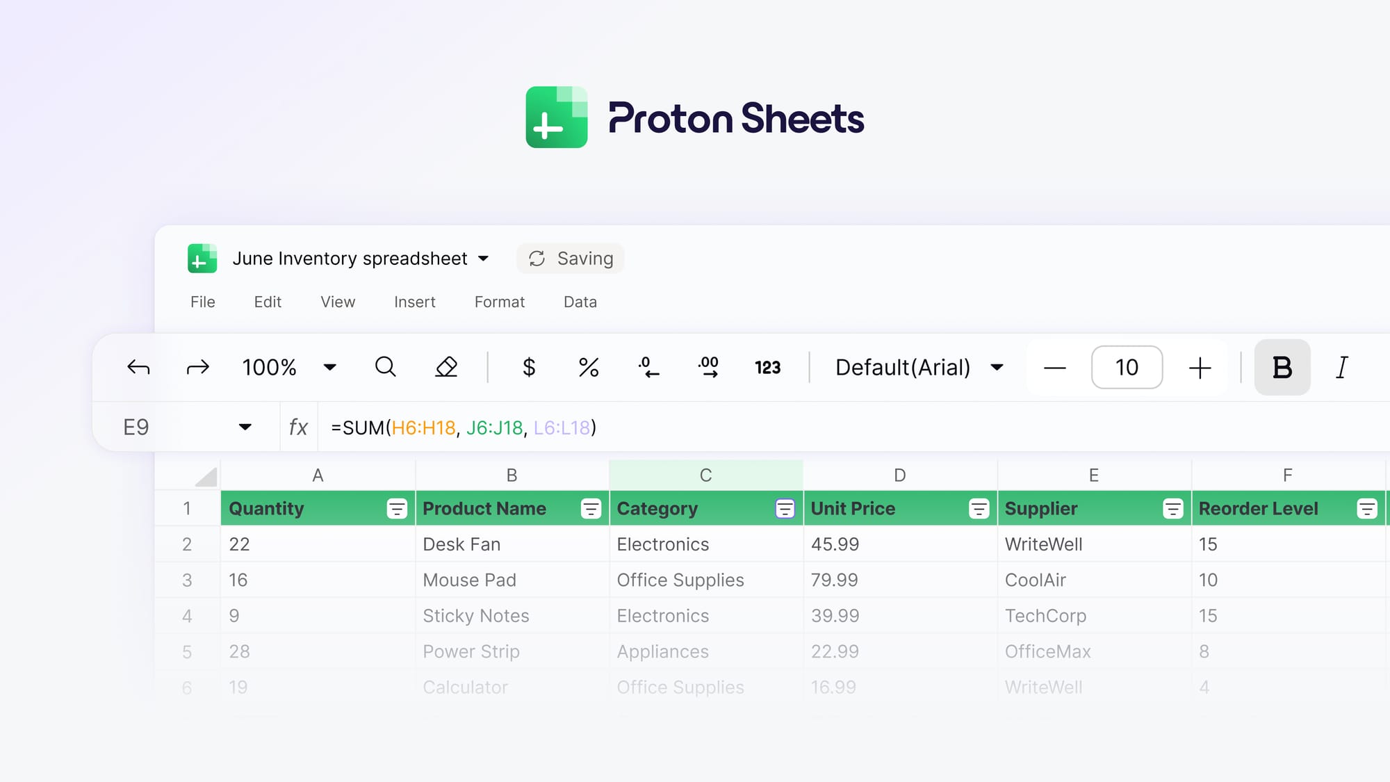 Screenshot of the Proton Sheets spreadsheet interface inside Proton Drive