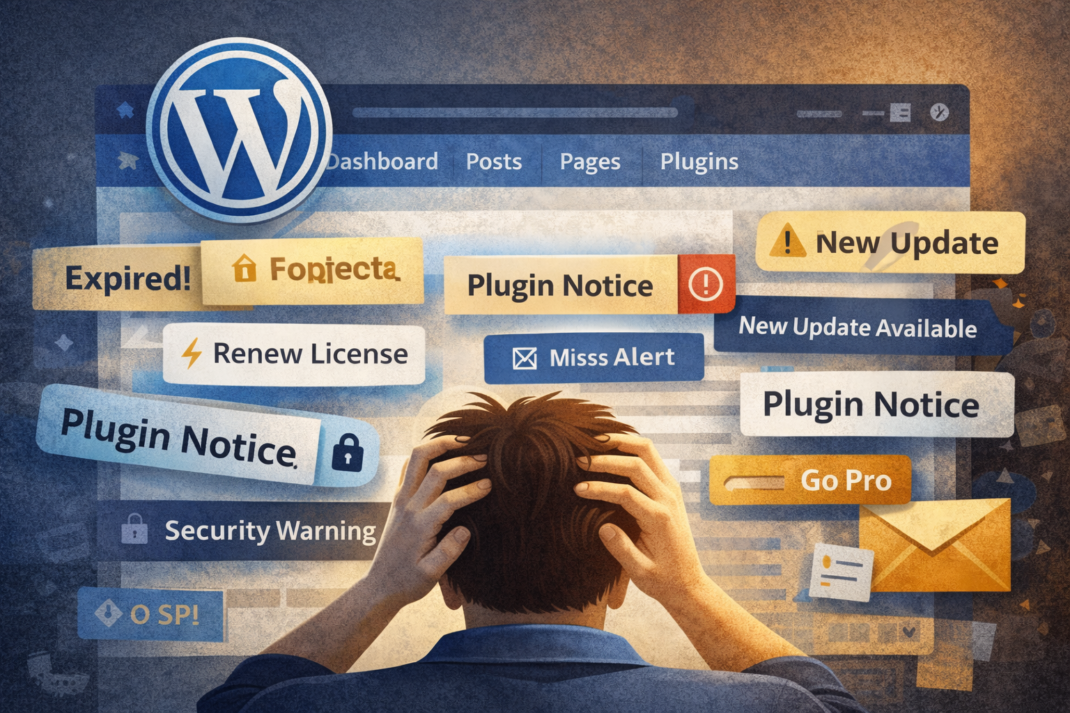 Illustration showing plugin fatigue in WordPress caused by constant updates and licence warnings