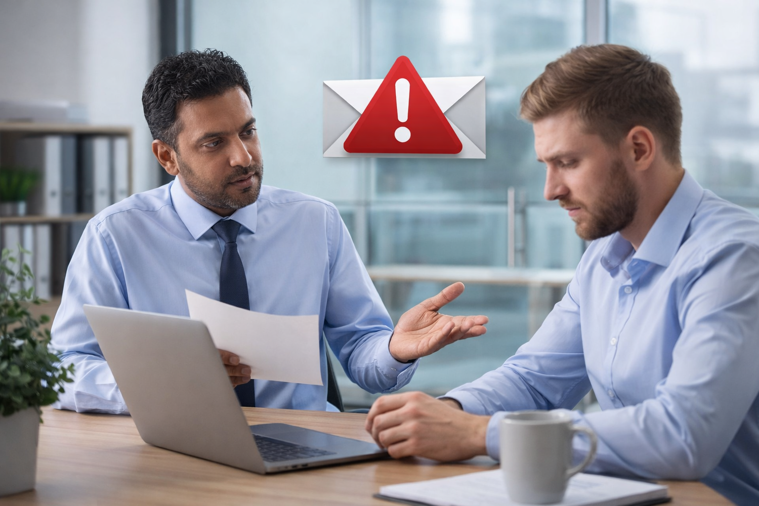 Photo illustrating a workplace discussion following an email mistake.