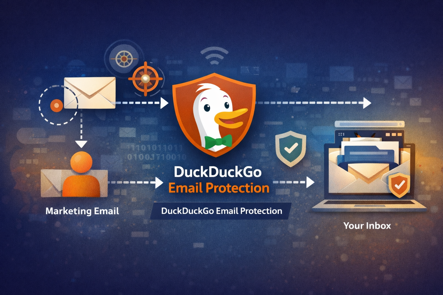 Diagram showing email trackers being removed before messages are forwarded to an inbox