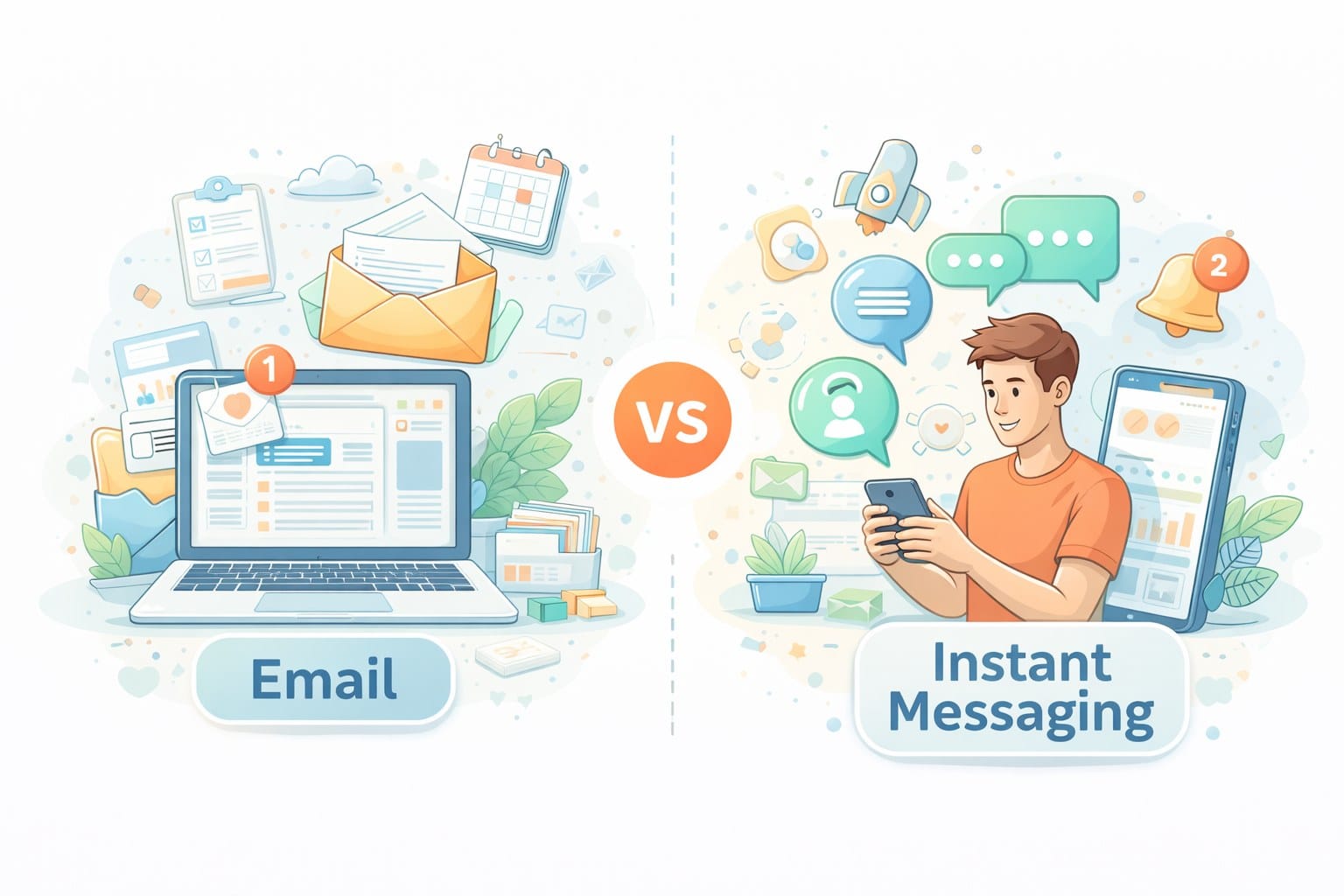 Illustration comparing email on a laptop with instant messaging on a smartphone