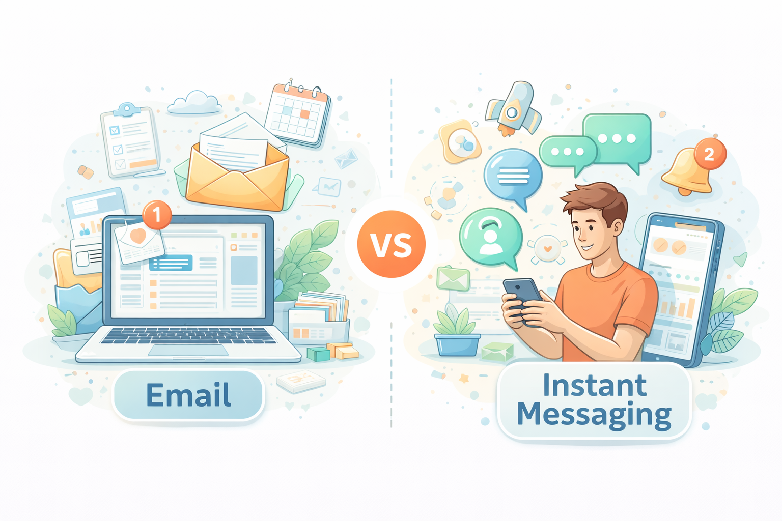 Illustration comparing email on a laptop with instant messaging on a smartphone