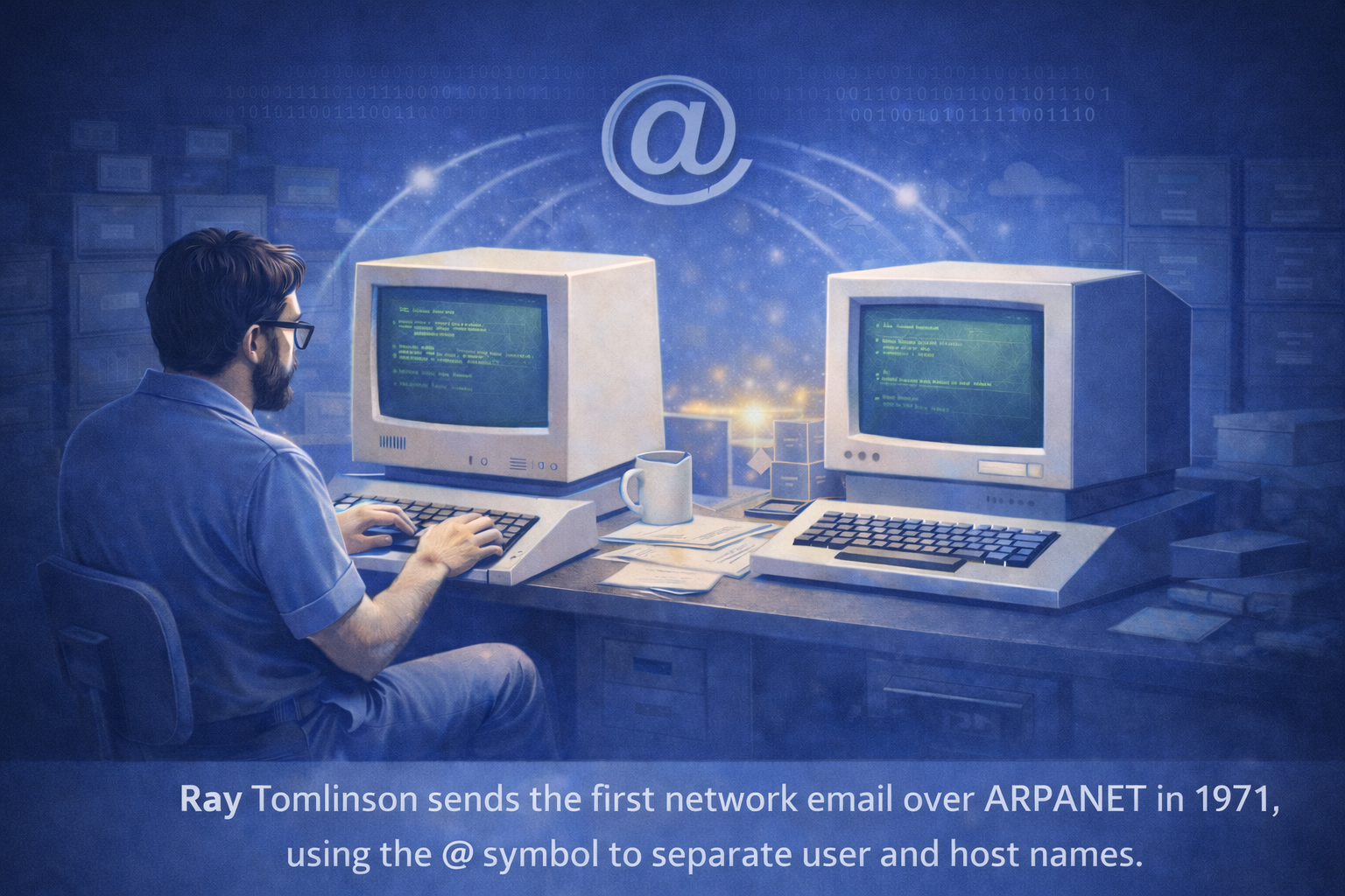 Illustration showing an early network email being sent between ARPANET computers in the 1970s