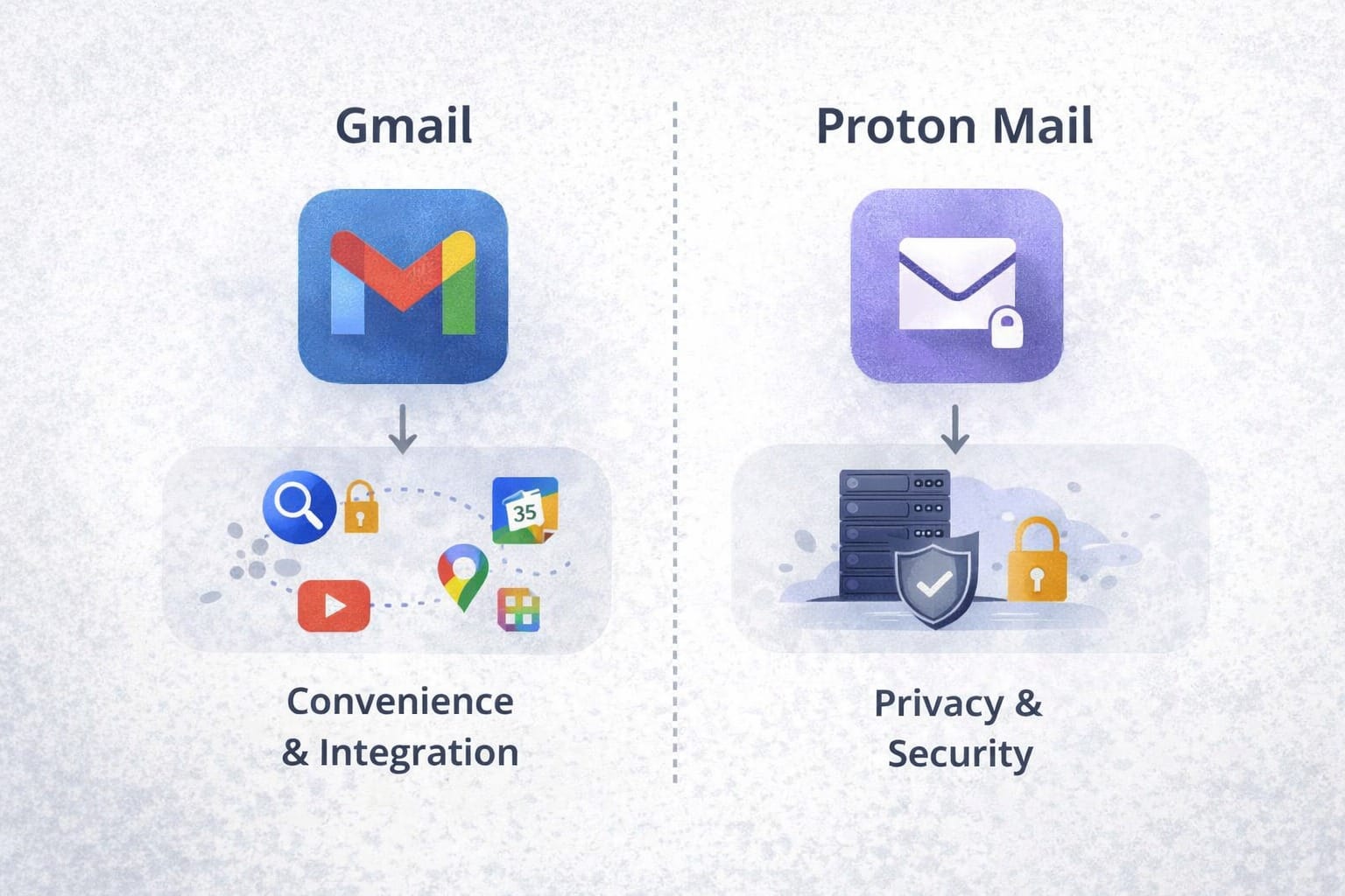 Diagram comparing Gmail’s focus on convenience and integration with Proton Mail’s focus on privacy and security