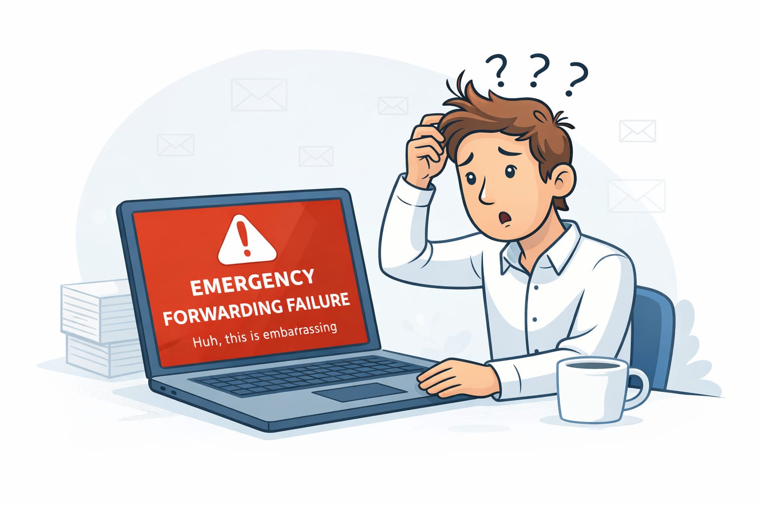 Illustration showing a confused user at a laptop with an error message about email forwarding failure, highlighting problems with email forwarding reliability.