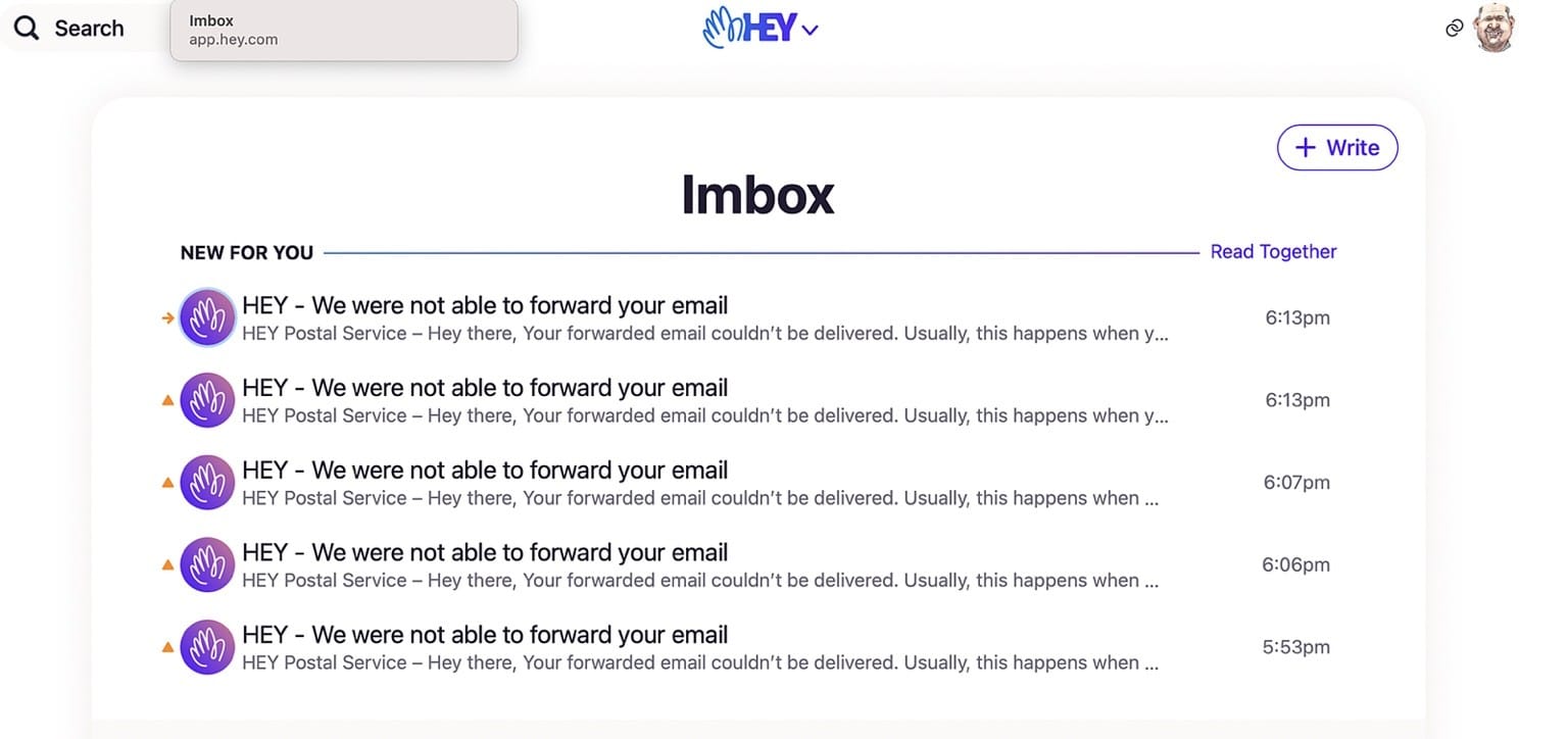 HEY inbox showing repeated “We were not able to forward your email” delivery failure notifications