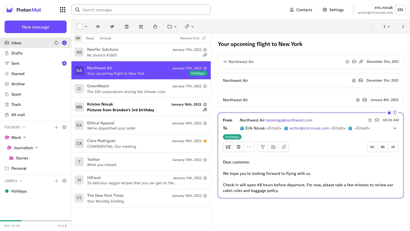 Screenshot of the Proton Mail dashboard showing the inbox and an opened email message.