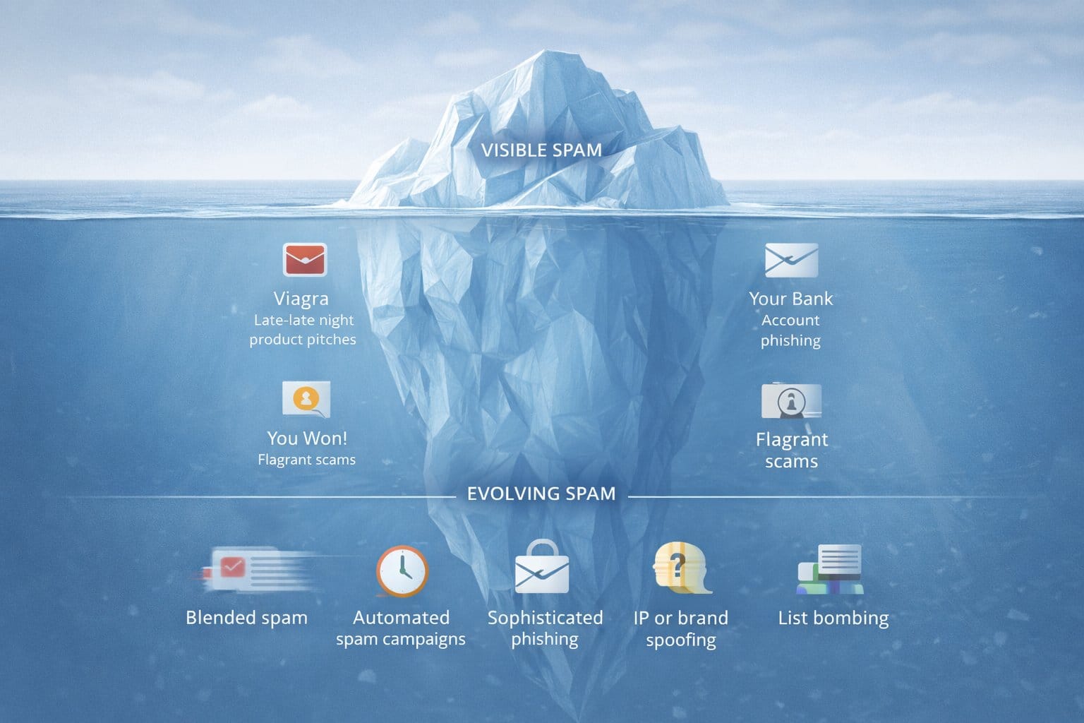 Illustration showing how obvious spam has declined while more subtle, targeted spam now makes up most modern threats