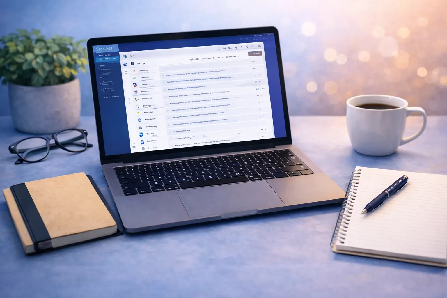 Laptop showing an email inbox on a tidy wooden desk with a notebook, glasses, and a coffee mug, representing a focused workflow using StartMail