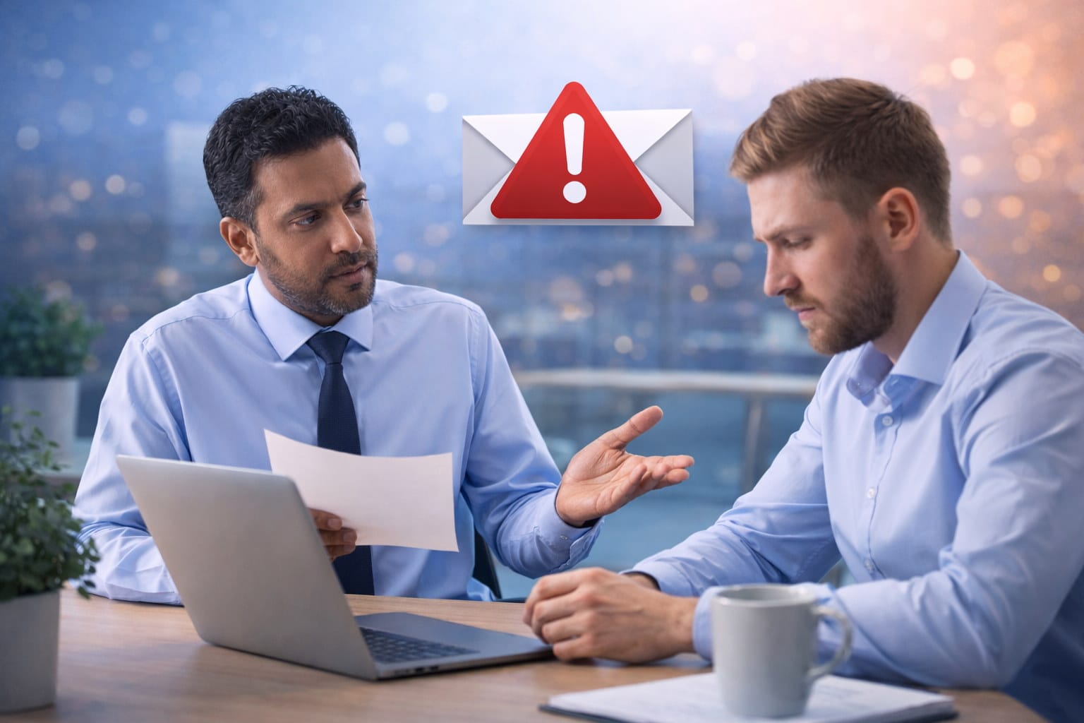 Photo illustrating a workplace discussion following an email mistake