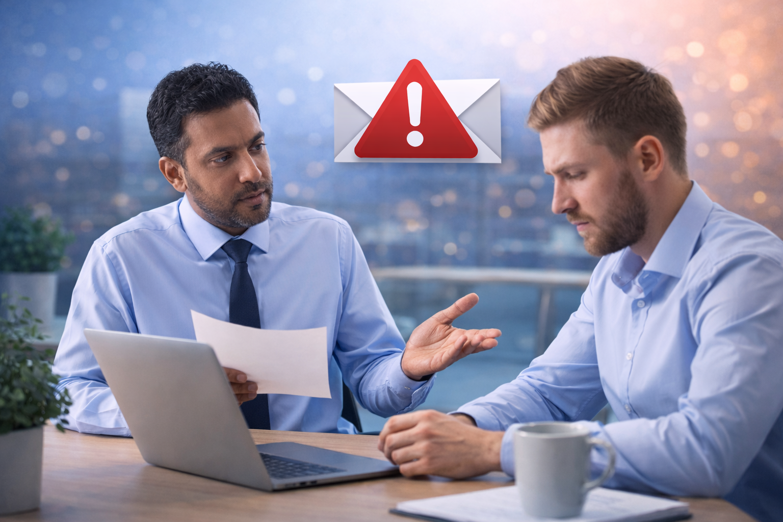 Photo illustrating a workplace discussion following an email mistake