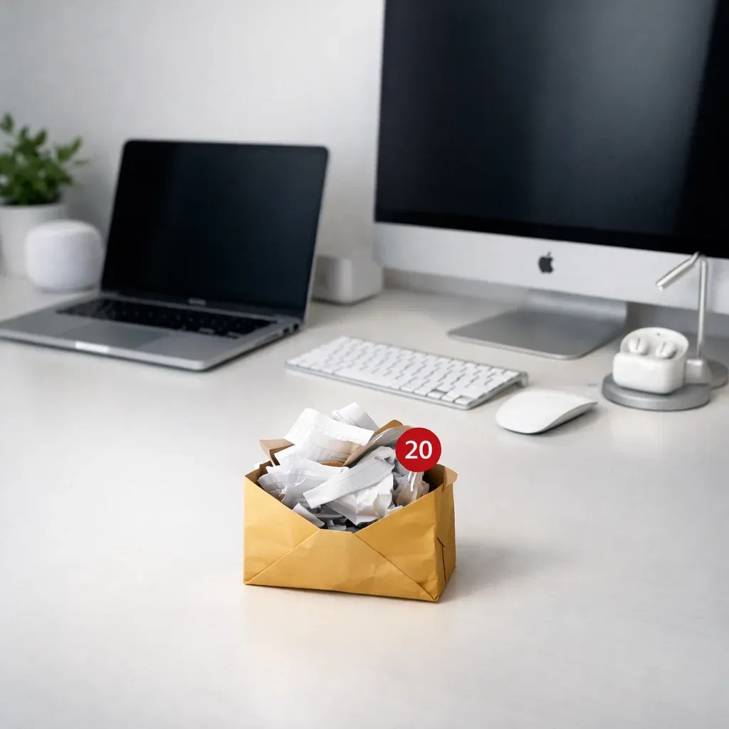 Minimal Apple-style workspace with a single messy envelope, representing email as the one untidy part of the ecosystem.