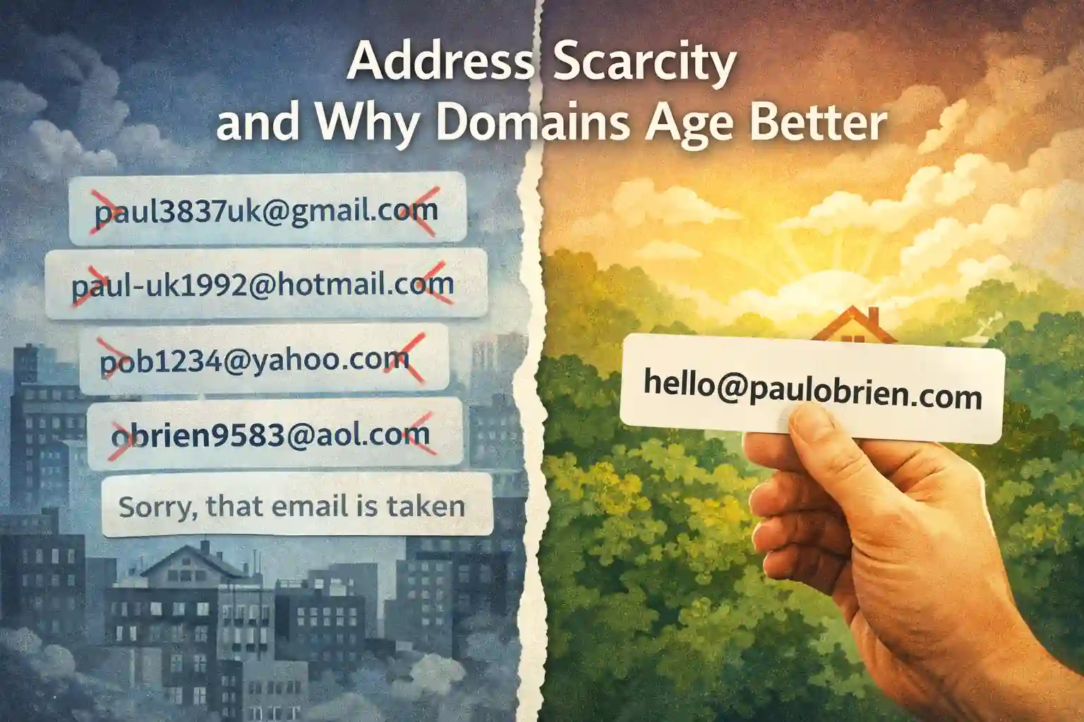 Illustration comparing generic free email addresses with a custom domain email address that remains consistent over time