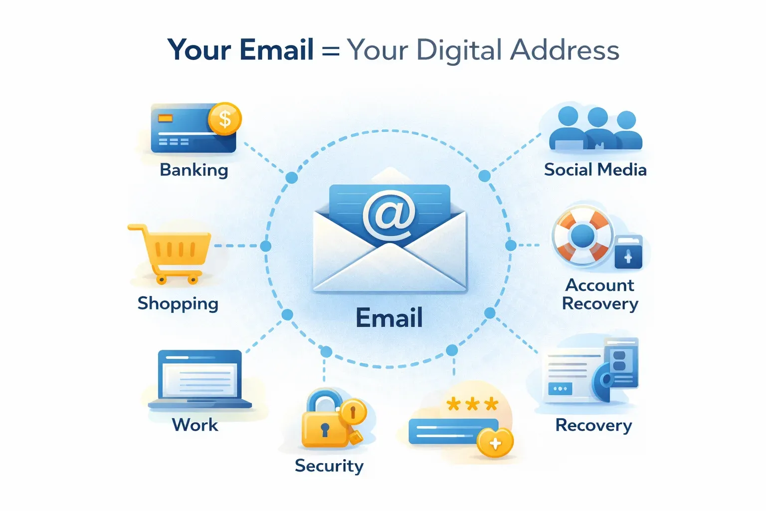 Diagram showing email as the central hub connecting online accounts and services