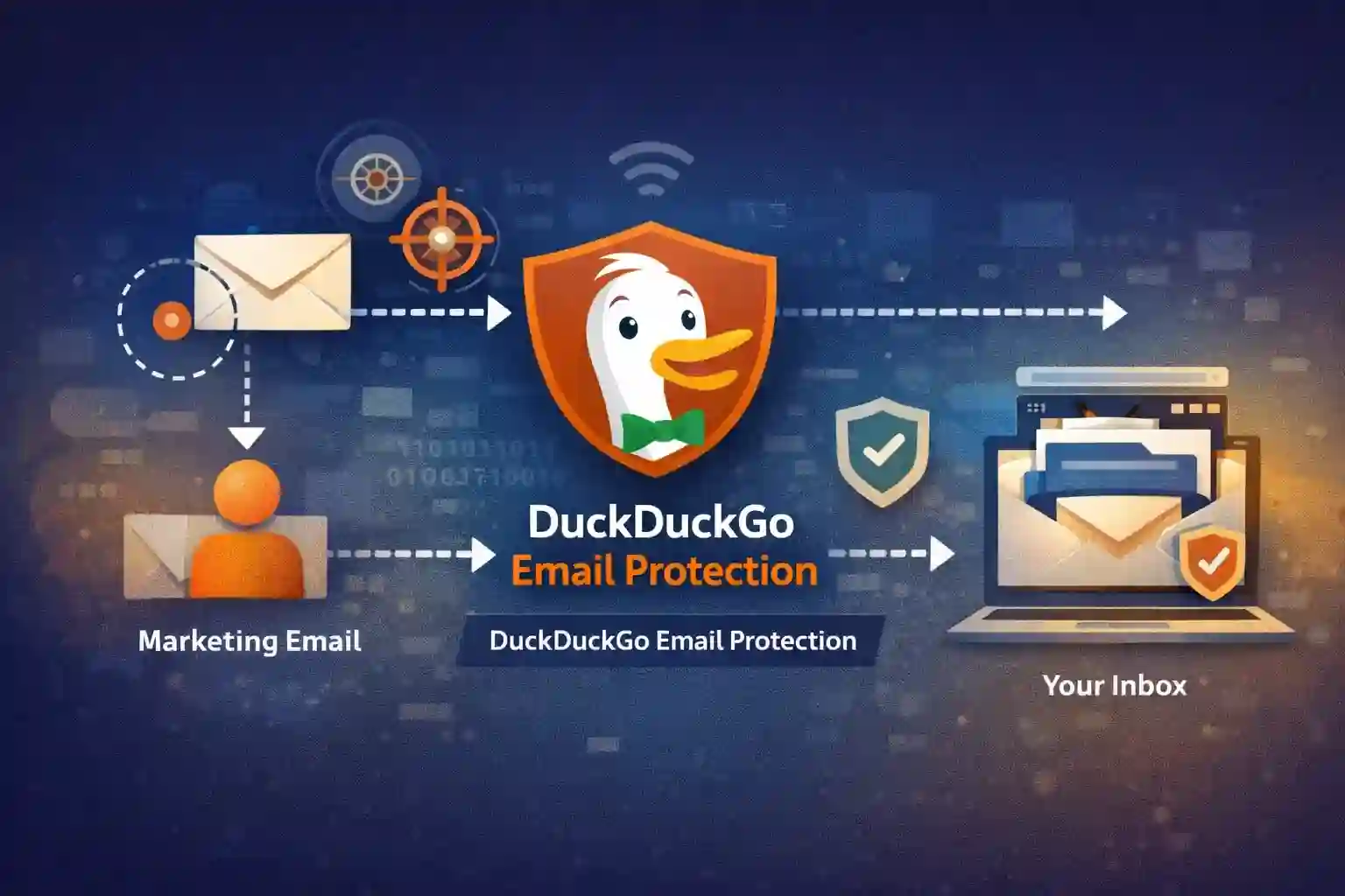 Diagram showing email trackers being removed before messages are forwarded to an inbox