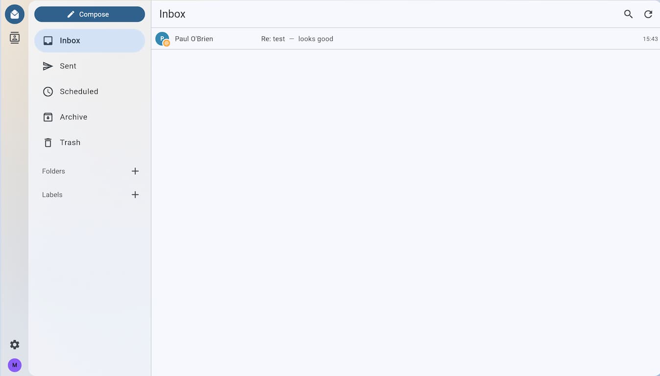Nostr Mail webmail web application interface showing an inbox with a message thread from Paul O'Brien