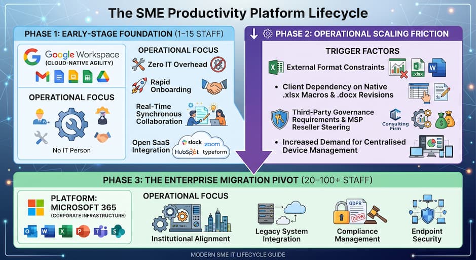 Infographic showing the 3-phase SME transition from Google Workspace to Microsoft 365 as staff size scales.