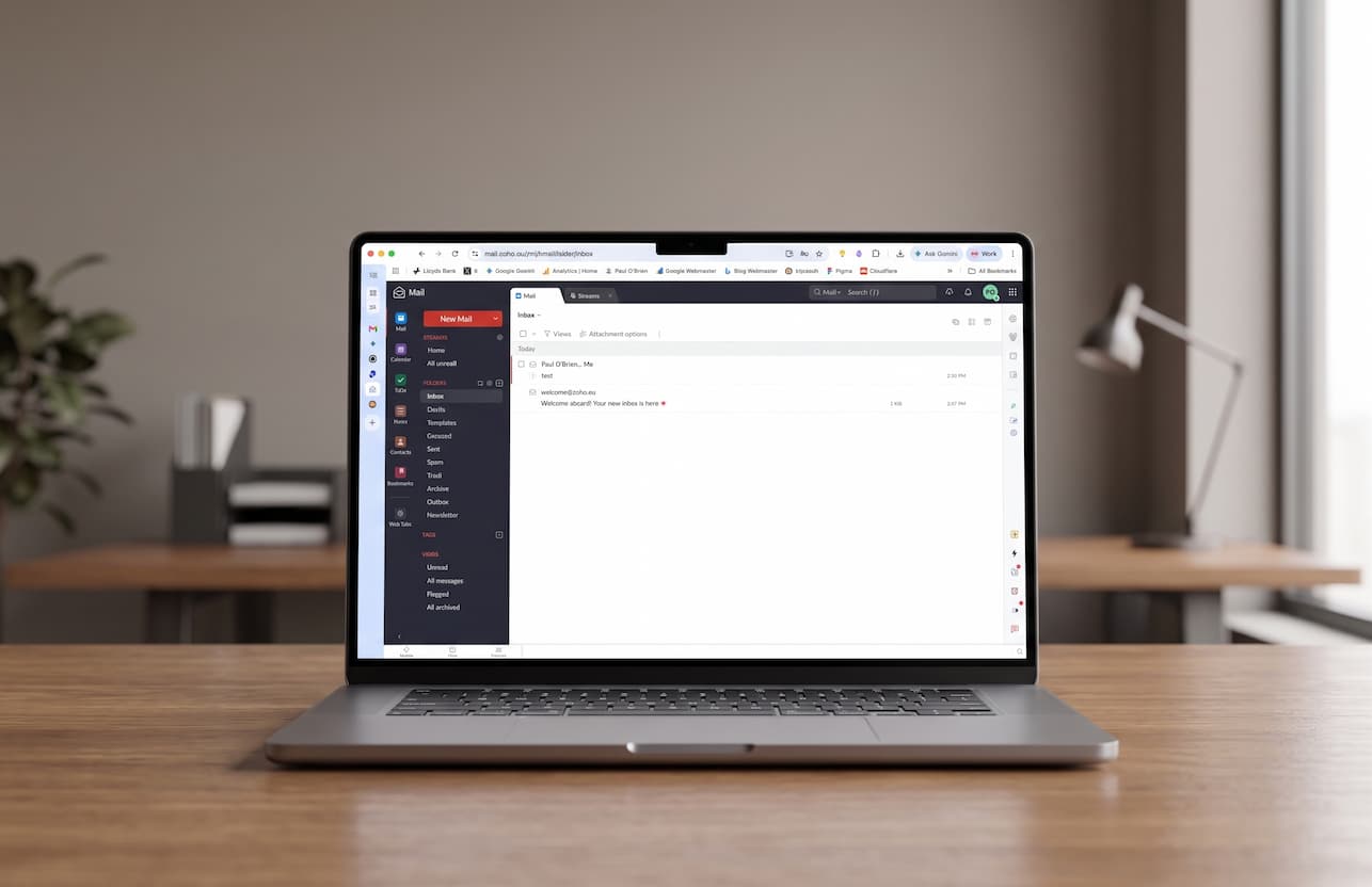 A laptop resting on a wooden desk displaying the clean, ad-free Zoho Mail webmail interface.