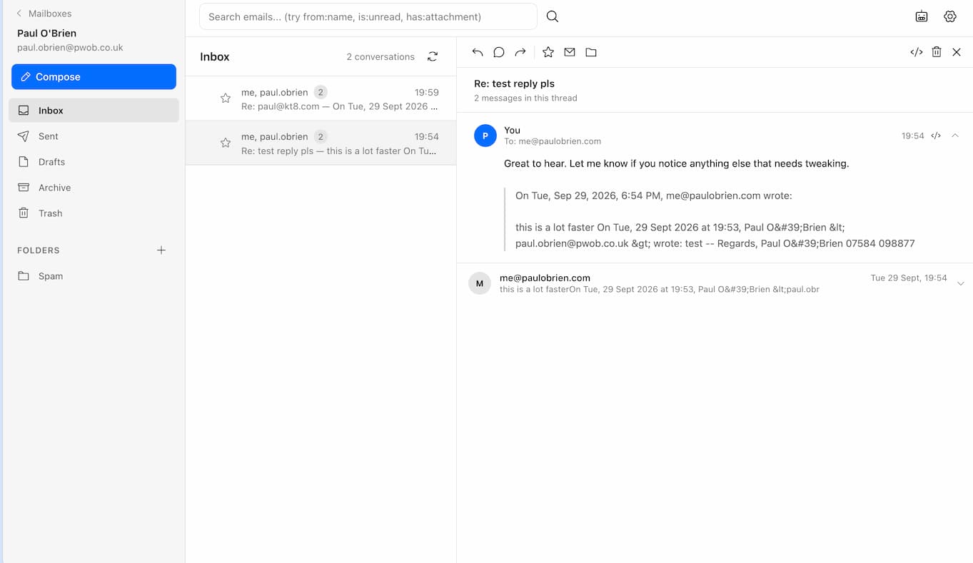 Clean webmail interface of Agentic Inbox on Cloudflare displaying a minimalist email thread and folder navigation panel.