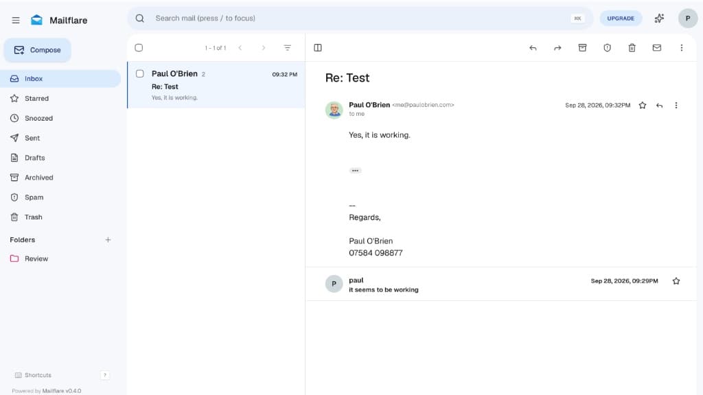 Screenshot of the Mailflare webmail user interface displaying an open email thread, left navigation sidebar with inbox folders, and compose options.