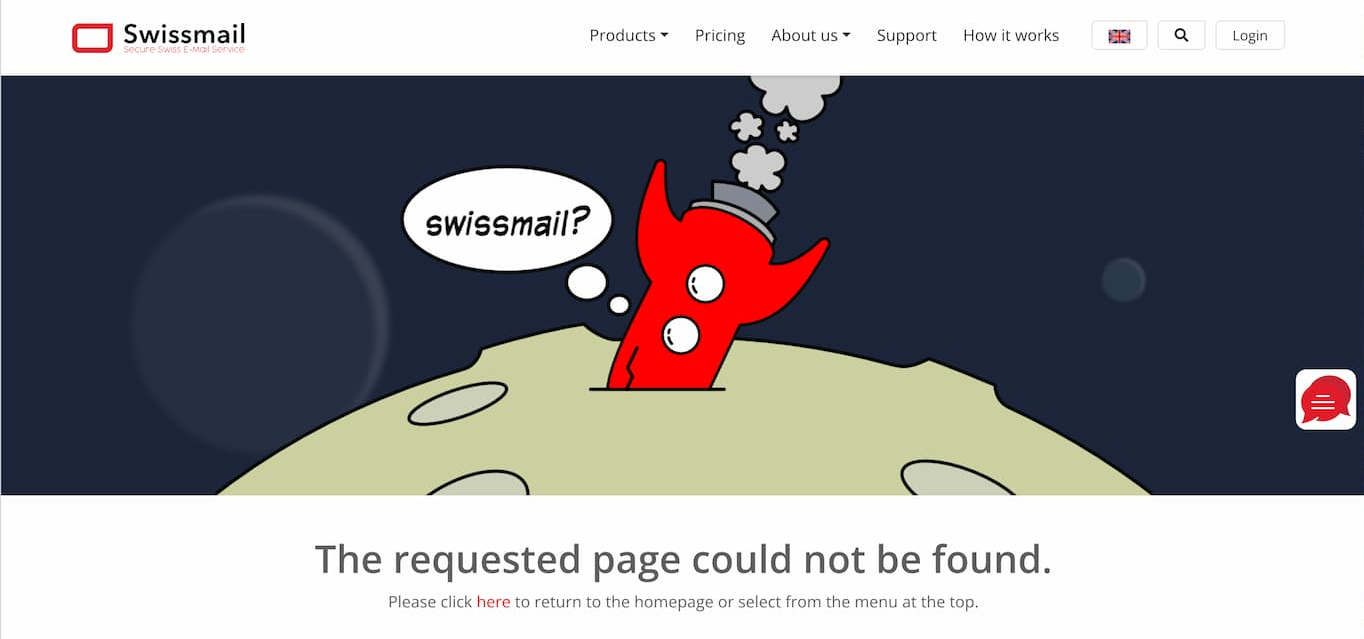Swissmail.org 404 error page showing 'Page Not Found' message for the trial registration URL."