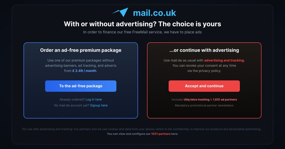 Dual-card comparison diagram showing Mail.co.uk's choice between an ad-free premium tier at £2.49 per month and a free tier requiring consent to ad tracking across 1,031 ad partners and Utiq telco-level identifiers.