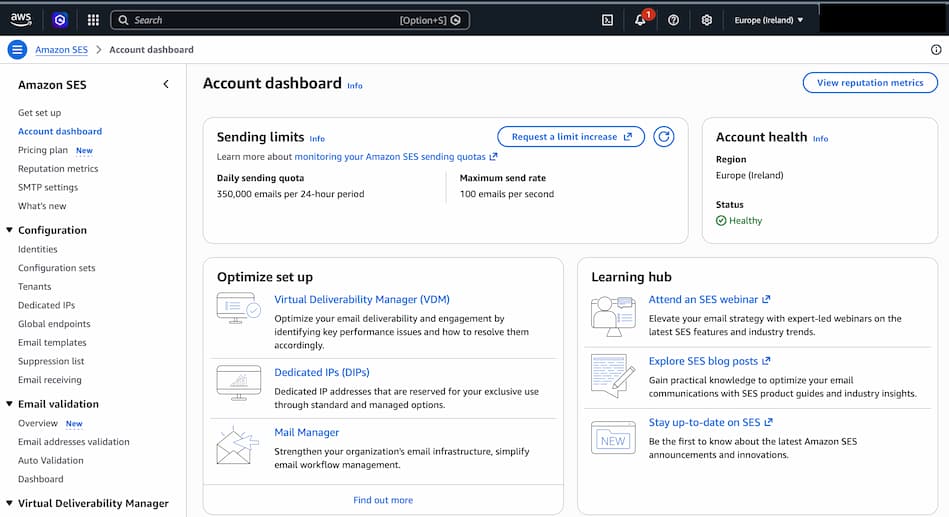 AWS SES Account Dashboard showing daily sending quota of 350,000 emails per 24 hours, maximum send rate of 100 emails per second, and healthy account status