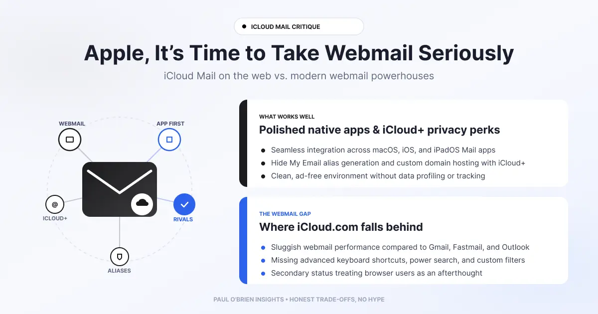 Infographic titled "Apple, It’s Time to Take Webmail Seriously" detailing core strengths (native apps, Hide My Email) and trade-offs (sluggish webmail UI, missing power search).