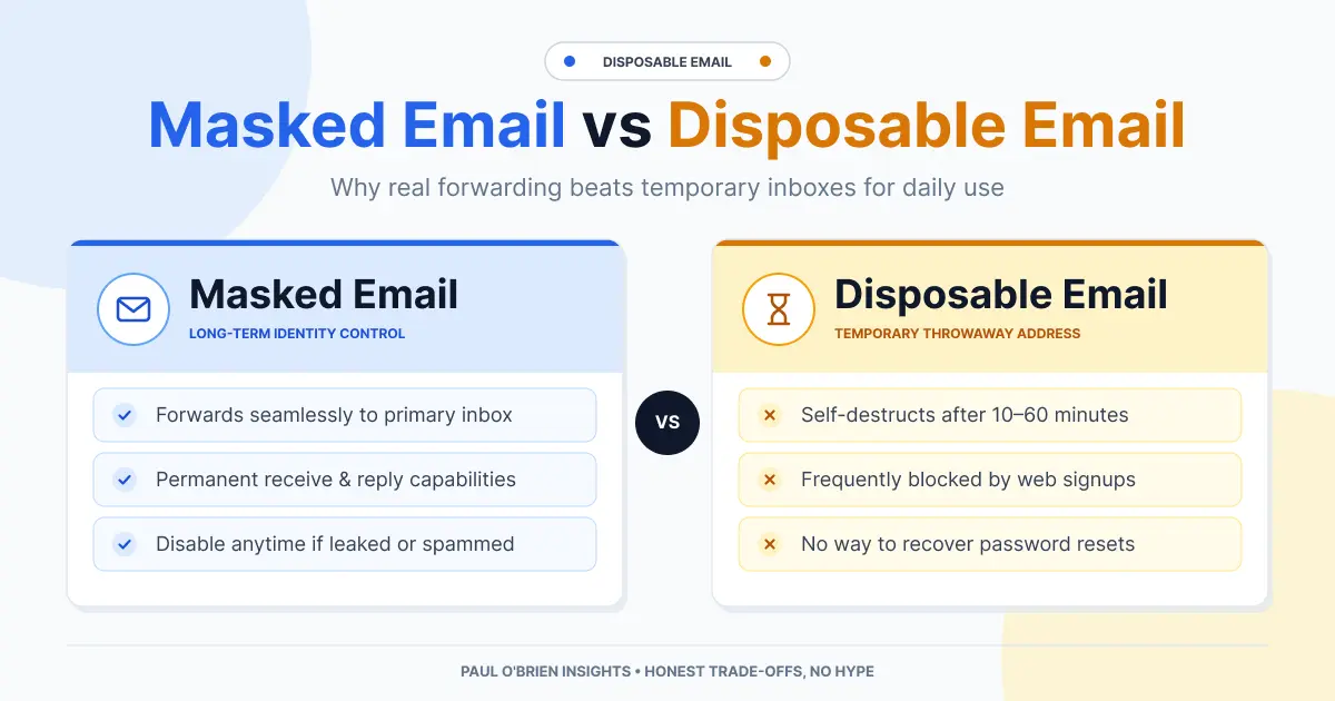 A light-themed feature graphic titled "Masked Email vs Disposable Email", comparing the features of permanent masked forwarding addresses against temporary throwaway inboxes side-by-side.