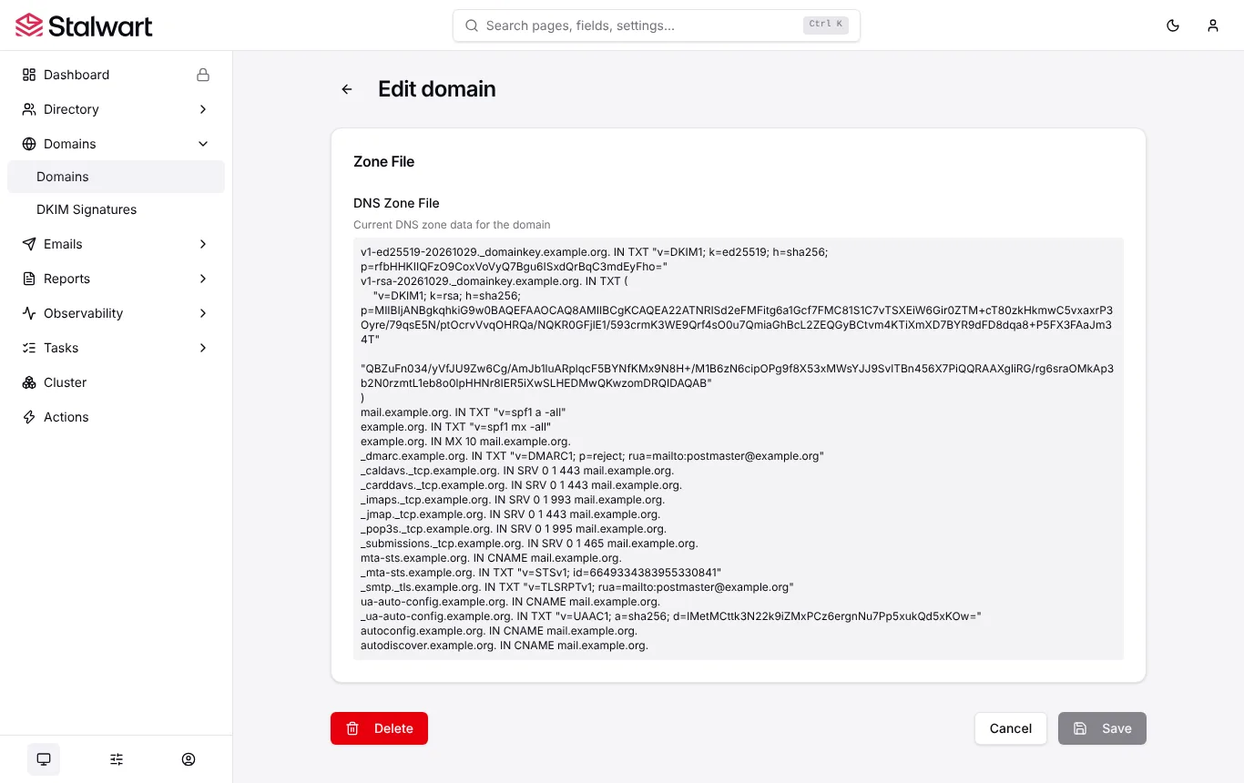 Stalwart zone file view listing DKIM, SPF, MX, DMARC, SRV, MTA-STS and TLS reporting records for a domain.