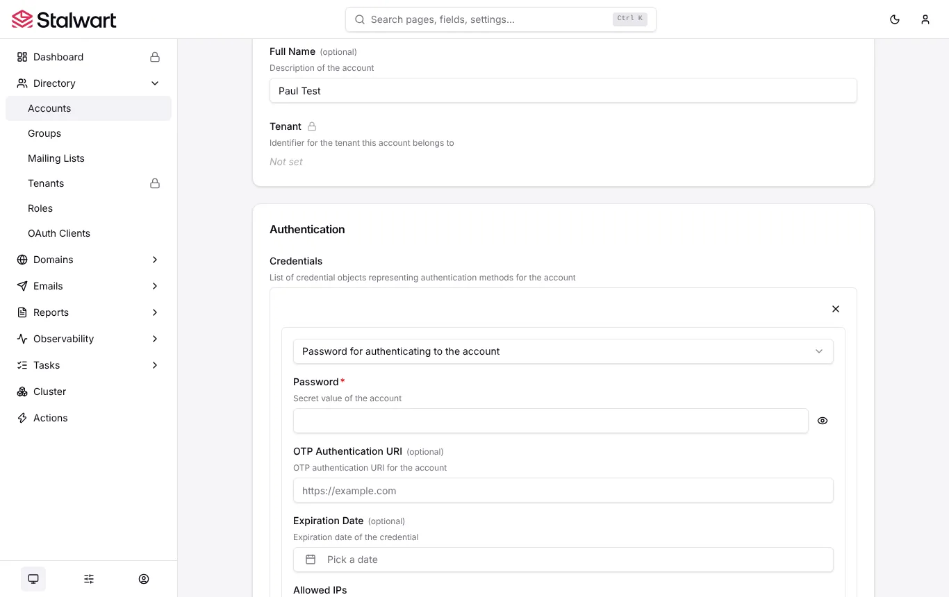Stalwart admin screen for creating a user, showing name, full name and a password credential form.