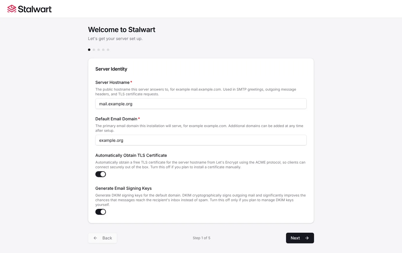 Stalwart setup wizard, step 1 of 5: server hostname, default email domain, and switches for a free TLS certificate and DKIM signing keys.