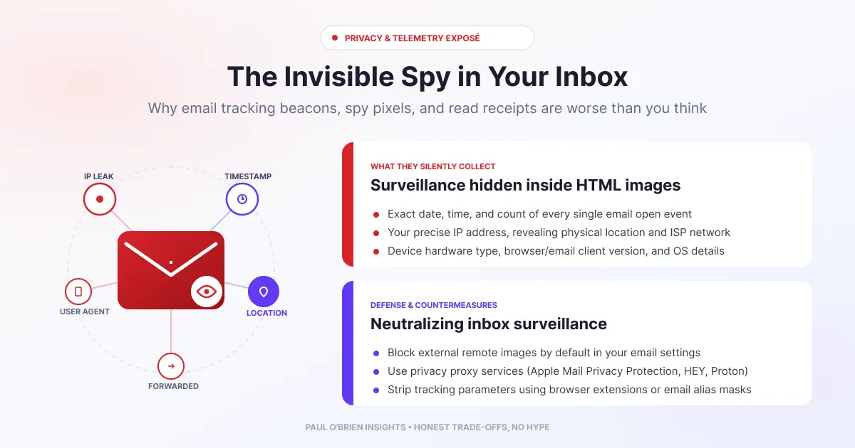 Infographic for "The Invisible Spy in Your Inbox" showing collected telemetry (IP leaks, timestamps) and defense strategies (remote image blocking, privacy proxies).