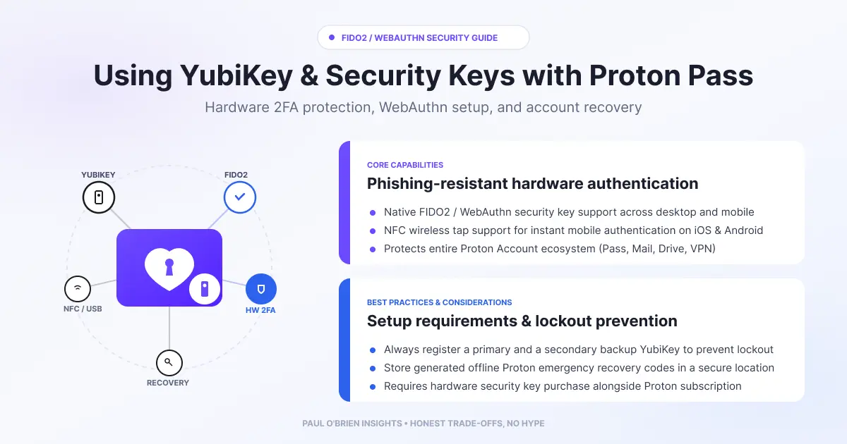 Infographic for "Proton Pass YubiKey Guide" showing capabilities (FIDO2/WebAuthn, NFC) and best practices (backup key, recovery codes).