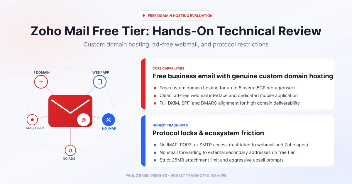 Infographic titled "Zoho Mail Free Tier: Hands-On Technical Review" detailing core capabilities (5GB storage, free custom domain) and trade-offs (no IMAP/SMTP, web/app only).