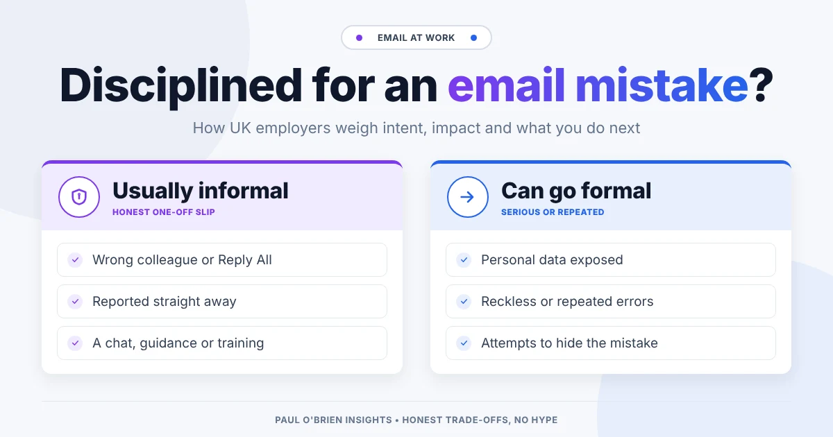 Header comparing email mistakes usually handled informally with those that can lead to formal disciplinary action at work in the UK.