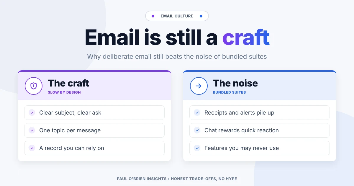 Header image contrasting email as a deliberate craft, with clear subjects and lasting records, against the noise of bundled productivity suites.
