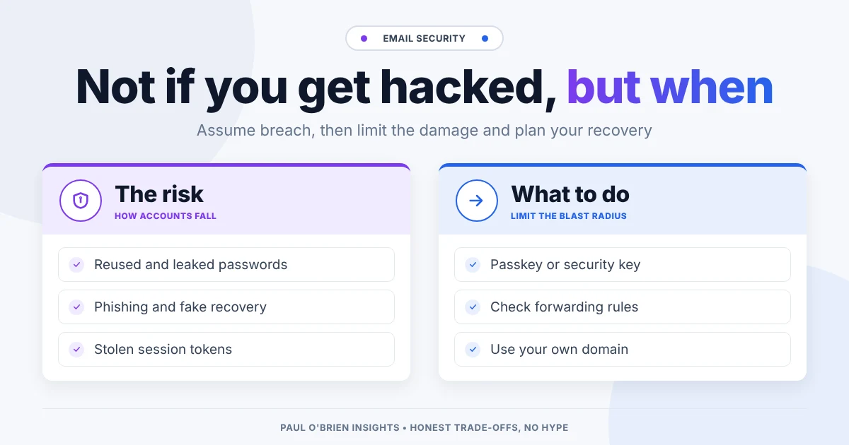 Header image titled Not if you get hacked, but when, listing common ways email accounts are taken over alongside steps that limit the damage.