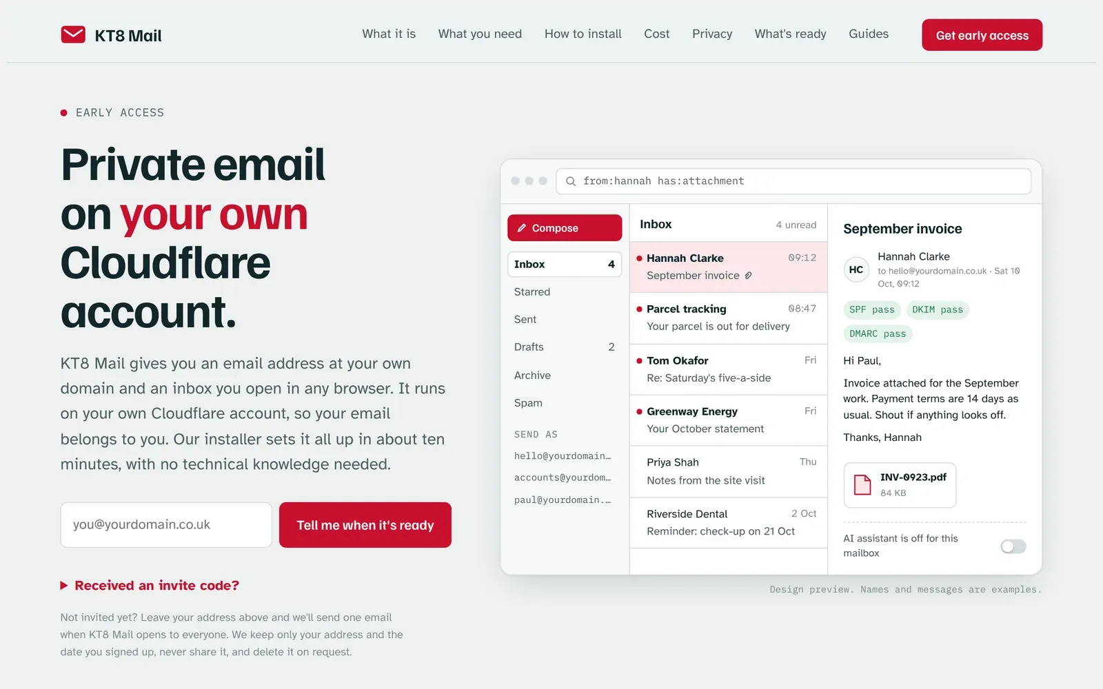 The kt8.com home page: Private email on your own Cloudflare account, with a preview of the KT8 Mail inbox