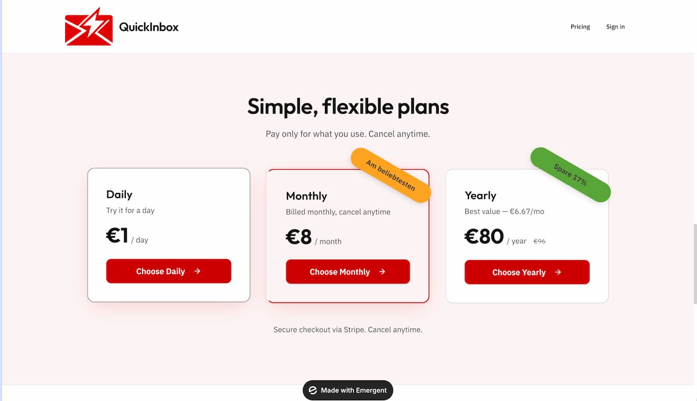 Screenshot of QuickInbox.app pricing table showing Daily, Monthly, and Yearly plans, with a German label reading "Am beliebtesten" above the Monthly tier