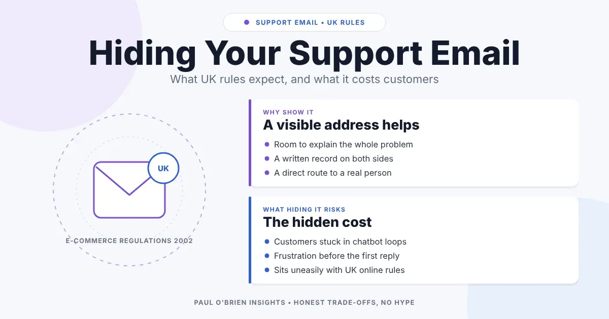 Envelope with a UK badge beside two cards on why a support email address helps and what hiding it risks.
